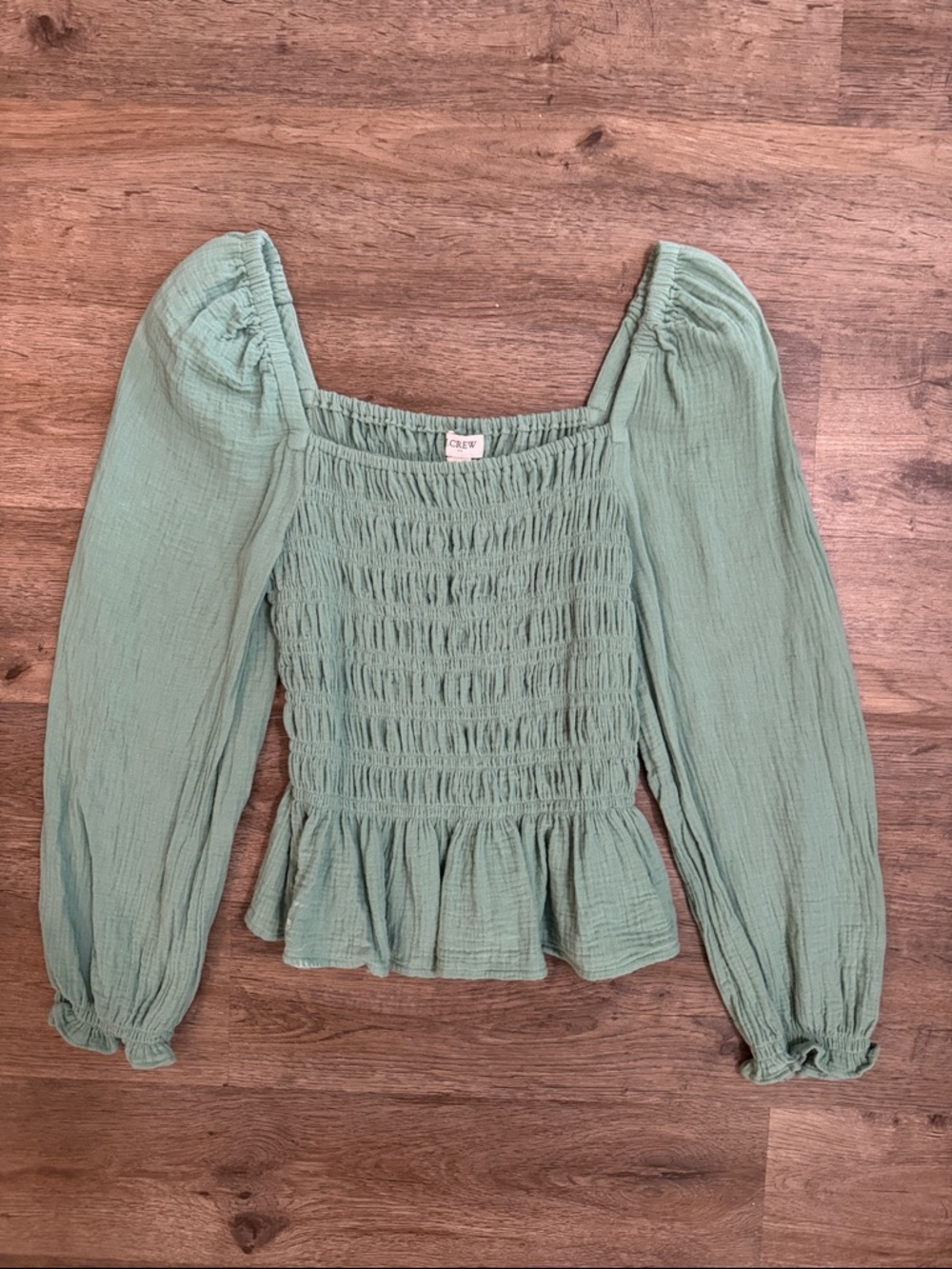 Sage Green Smocked Square-Neck Peplum Blouse